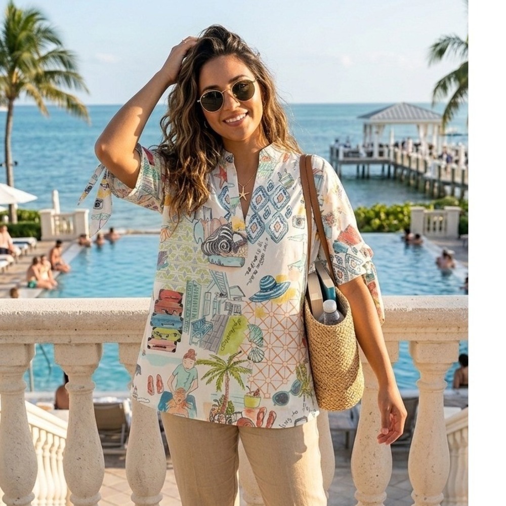Chico's Florida Vacation Novelty Print No-Iron Chic Stretch Tunic Top Size 2‎ L